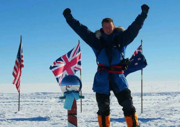 Newall Hunter from Leadhills celebrates reaching the summit of the South Pole, the first Briton to ski solo there from the Mesner Start on the Filchner Ice Shelf at the edge of the Antarctic (Submitted pic)