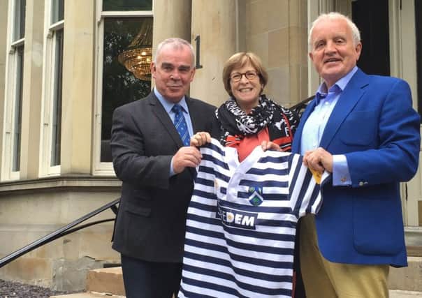 Glasgow Accies unveil new sponsorship deal. Left to right are Glasgow Accies director of rugby Donald Reid, Dr Jane Collins of Marie Curie and John Watson OBE of the Watson Foundation