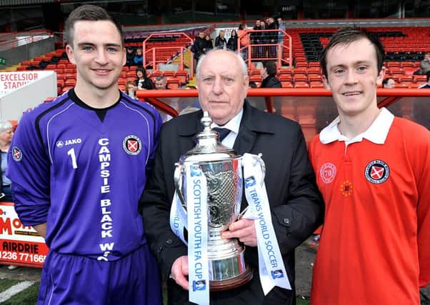 Campsie Black Watch keeper Martin Storey, president Gerry Marley and skipper Nicky Prentice after their record 11th Scottish Cup win two years ago.