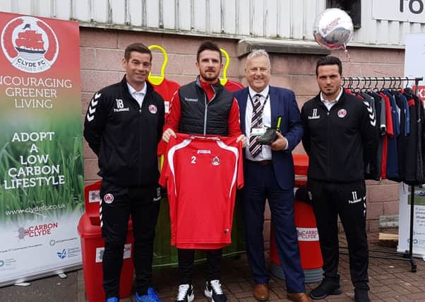 The opening of Clyde FC's new kit and boot recycling facility. left to right are Peter MacDonald, manager Barry Ferguson, Clyde chief executive David Douglas and Sean Higgins