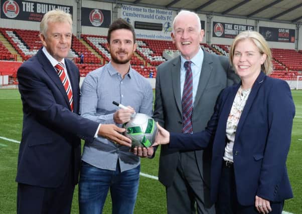 Clyde vice-chairman John Taylor and manager Barry Ferguson and NL Leisure chair Barry McCulloch and managing director Emma Walker show their delight at the new deal