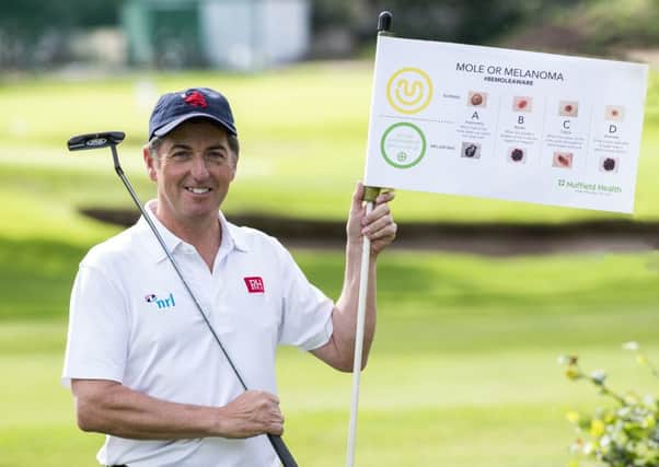 Golf Professional Stephen Mcallister highlights the risks of sun exposure to golfers at Haggs Castle Golf Club. Pic credit: Lenny Warren / Warren Media