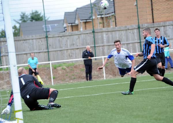 Colville Park AFC go close to scoring against Girvan on Saturday (Pic by Alan Watson)