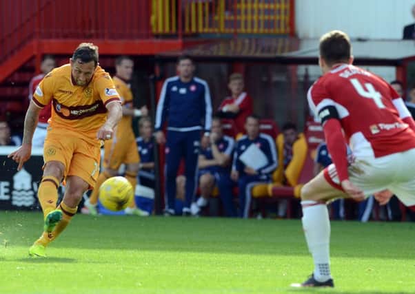 Scott McDonald shoots at goal during Motherwell's win over Hamilton last Saturday (Pic by Alan Watson)