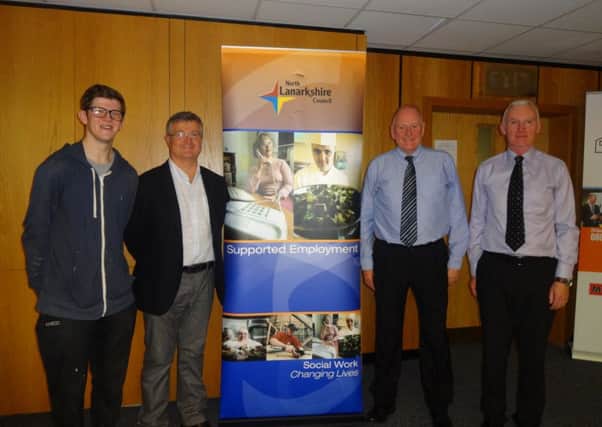Speakers (l-r) Liam Doyle and Alistair Shanks from Allied Timber and property services manager Ian Gillespie with job coach Paul Ruston at the supported employment event.