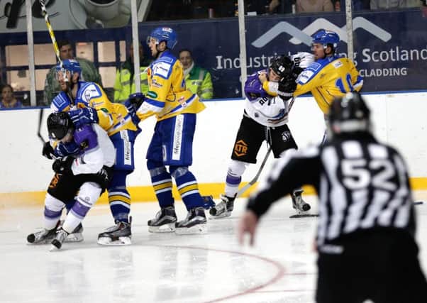 Aftermath of  Callum Boyd slew footing incident with Kyle Haines at Fife Flyers v Braehaad Clan (Pic: Steve Gunn)