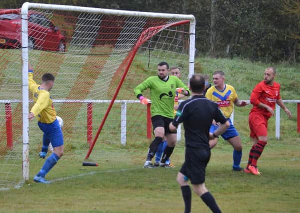 A header by Forth Wanderers ace Craig Gupwell hits the net against Johnstone Burgh (Pic by Elaine Robertson)
