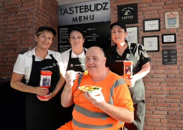 Les Hoey makes sure he sticks to healthy meals with Taste Budz staff (l-r) Nita Fleming, Rhonda Gosling and Lesley Gray.