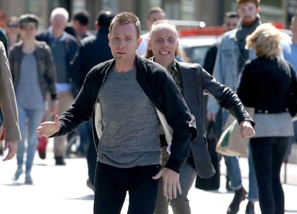 Ewan McGregor and Ewan Bremner filming in Edinburgh. Credit - Jane Barlow