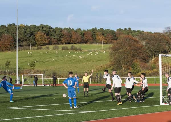 Carluke Rovers# third goal against Port Glasgow on Saturday is netted by Mark Weir (Pic by Sarah Peters)