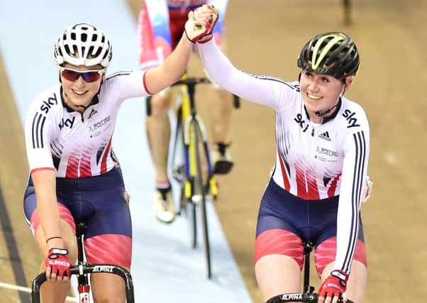 Katie Archibald (right) with World Cup madison winning team-mate Manon Lloyd (pic by SW Pix)