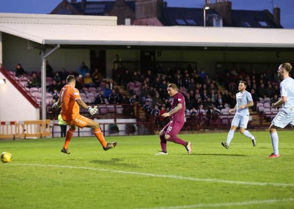 Martin Scott scores for Arbroath against Clyde (pic by Graham Black)
