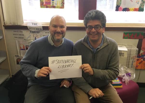 Author David Solomons (right) and publisher Dom Kingston support  the campaign to save Newarthill Library.