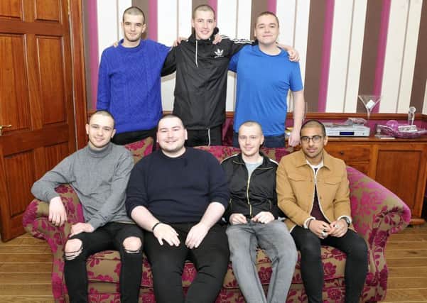 Photo Emma Mitchell 28.11.16
Boys who got their heads shaved raise cash for cancer research in memory of their friend.  Andrew Carroll, Iain Stewart, Marc Sinclair, Dylan Gangel, Lewis Carroll, Sean Kennedy and Asif Hayat
