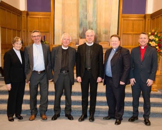 Left to right : Rev Ishbel Roberston (former Reader at Bearsden South, Bearsden North and Cross Churches),Rev Keith Blackwood (former North Church Minister),Rev John Harris (former South Church and first minister of Bearsden Cross Parish Church), Rev Calum MacLeod (Minister at St Giles Cathedral and guest preacher), Rev Graeme Wilson (Minister Bearsden Cross Parish Church), Rev Sandy Forsyth (Associate Minister Bearsden Cross Parish Church).