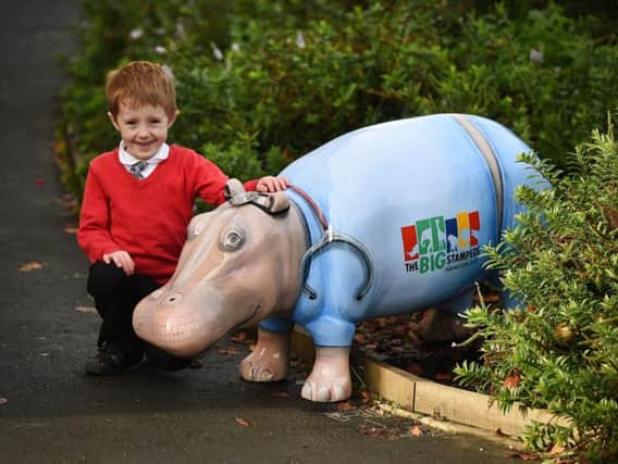 Here's one we made earlier...young Sam Nisbet meets a hippo decorated with hospital scrubs at the launch at his school in Hamilton.