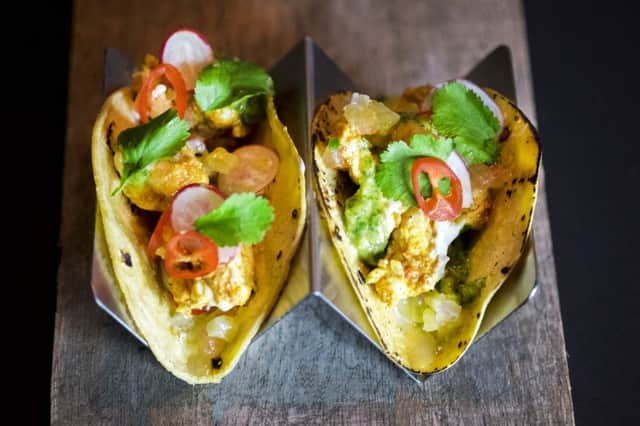Yucatan Spiced Langoustine Tacos with Avocado, Pickled Shallots and Coconut Crema