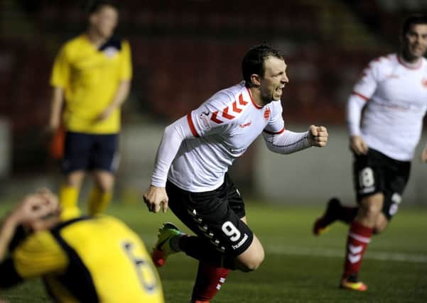 David Gormley is off to celebrate after completing his hat-trick against Stirling Albion (pic by Michael Gillen)