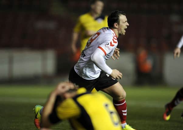 David Gormley celebrates after completing his hat-trick against Stirling Albion