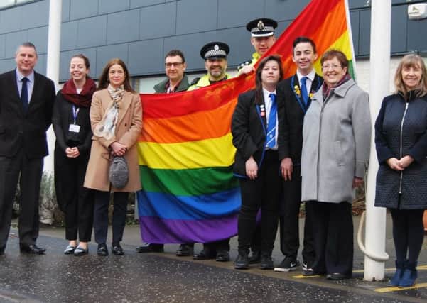 Council Leader Rhondda Geekie was joined by representatives of the Equality Engagement Group and two local LGBT Youth group members, Stuart and Aimee, who raised the flag at the Southbank Marina HQ.