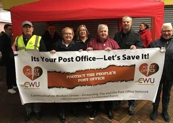 Motherwell and Wishaw MP Marion Fellows joins a Communications Works Union demonstration against the closure of the Brandon Parade branch in Motherwell Shopping Centre.