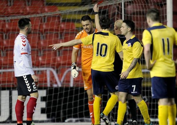 John Gibson is red-carded against Stirling Albion. (pic by Michael Gillen)
