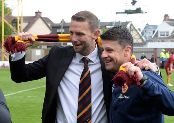 Stephen Robinson (right) was formerly Motherwell assistant manager to Ian Baraclough (also pictured) and Mark McGhee. Here, Robinson and Baraclough celebrate thrashing Rangers 6-1 on aggregate in a relegation play-off decider in May 2015. (Pic by Alan Watson)
