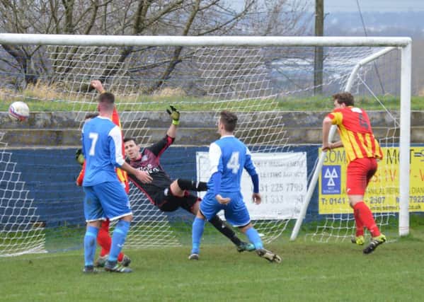 Cambuslang Rangers v Rossvale. Skipper Sean Doherty heads home Rossvale's second (pic by Helen Templeton)