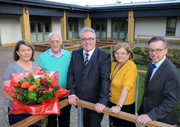 Pictured are, left to right, Catriona Blacker, Robert Howatt, Councillor Frank McAveety, Senga Murray (centre manager) and  David Williams, chief officer for Glasgow Health and Social Care Partnership.