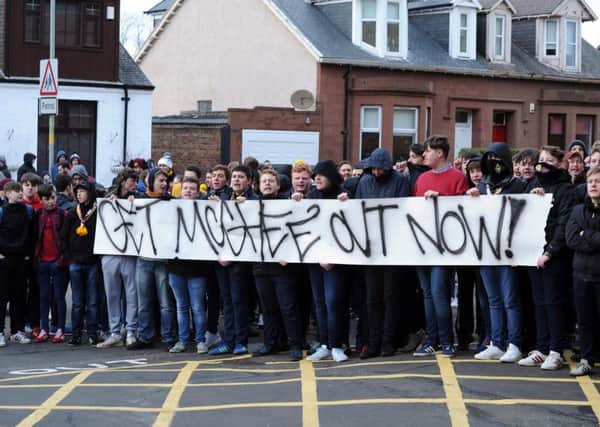 Motherwell fans display a protest banner after the 5-1 home Scottish Premiership by Dundee (Pic by Alan Watson)