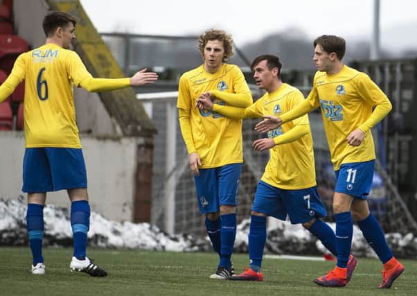 Cumbernauld Colts celebrate scoring against Vale of Leithen ... but poor defending cost them. (pic by  Craig Halkett)