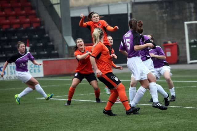 Savannah Jordan heads in Glasgow City's first goal in a thumping 7-0 home league win over Stirling University (Pic by Andy Buist)