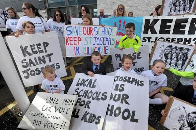 Parents demonstrating about proposed closure of St Joseph's Primary School in 2014.