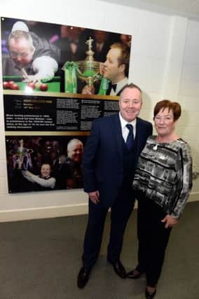 John Higgins with his mum Josie next to the Sports Hall of Fame plaque which has been created in his honour at Motherwell's Ravenscraig Sports Facility (Pic by Alan Watson)