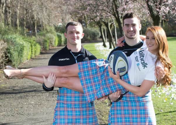 Glasgow Warriors  (Nick Grigg) and (James Malcolm) with  Miss Scotland (Lucy Kerr) are supporting this year's Kiltwalk. Pic: Mark F Gibson/Gibson Digital