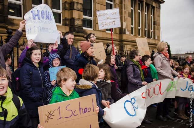 Parents protest outside the school gates at Shawlands Primary last week
