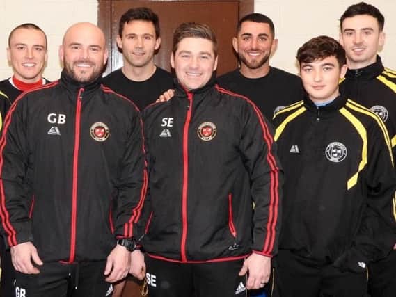 Manager Gerry Bonham and assistant Stewart Easton with new signings Meikle, Ferguson, Pettigrew, Jack and Morgan. Fellow new signing Duncan is not pictured.