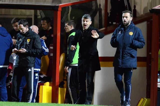 Motherwell manager Stephen Robinson and assistant James McFadden roar on the troops against Accies (Pic by Alan Watson)