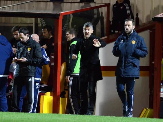 Motherwell manager Stephen Robinson and assistant James McFadden roar on the troops against Accies (Pic by Alan Watson)