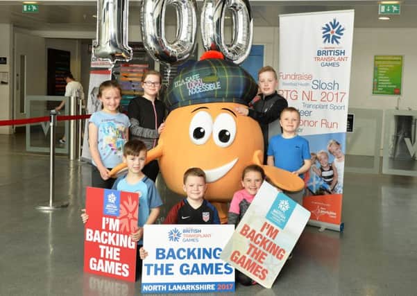 Mascot Haggie and some young friends mark 100 days until the British Transplant Games arrive in North Lanarkshire