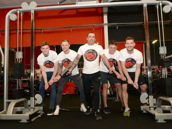 Gym boss Mark (middle) with Well stars (from left) Cadden, Tait, MacLean and Clay at revamped Maximum Power Scotland Gym (Pic by Alan Watson)