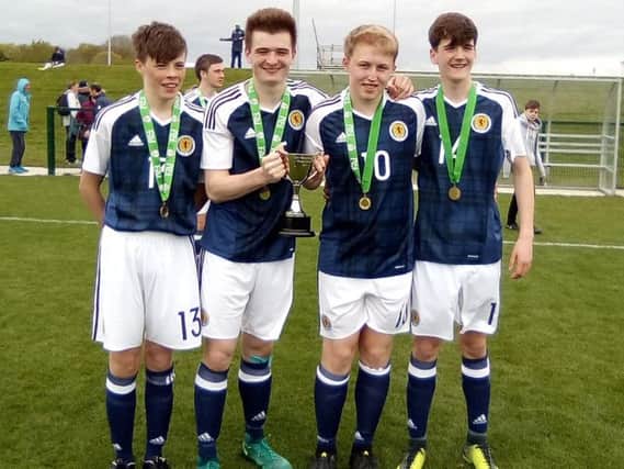 Pictured (from left) are delighted local Scotland aces Ross Mullen, Cameron Steer, Cameron Pollock and Jake Fraser, winners of the Home Nations Championship in Dublin (Submitted pic)