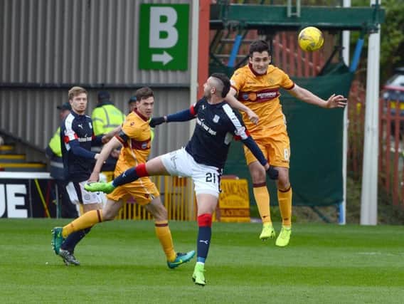 Motherwells Carl McHugh wins an aerial joust with Dundee striker Marcus Haber (Pic by Alan Watson)