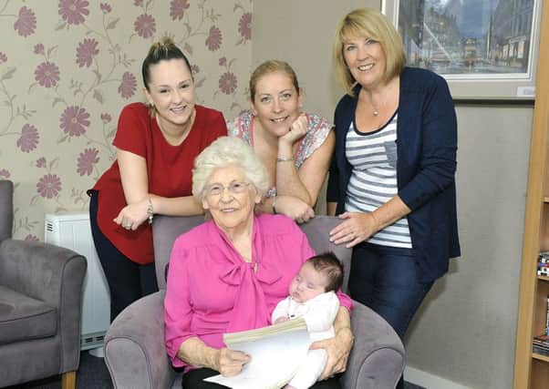 Joan Porter with Danielle Sharp - grand daughter, Arlene Harrisson and Lynne Agnew - daughters and Remi Sharp - great grand daughter.