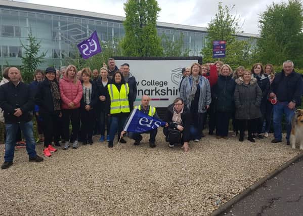 Striking lecturers outside the Motherwell campus last week