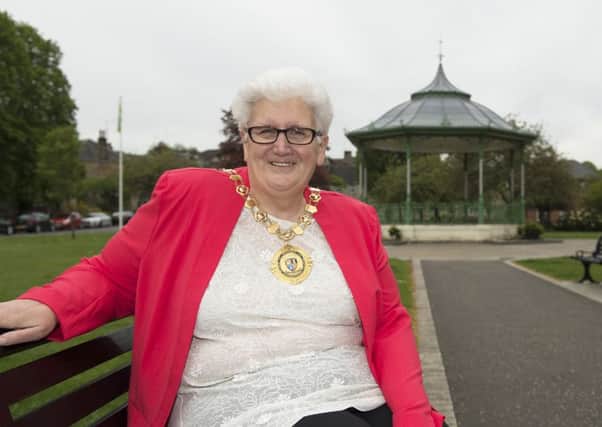 Councillor Jean Jones is pictured wearing the provosts chain of office at Burngreen Park in Kilsyth. Pic: Craig Halkett