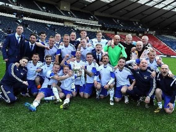 The triumphant Colville Park AFC squad celebrate after beating Leven United 2-1 in last years Scottish Amateur Cup Final at Hampden Park (Pic by Alan Watson)