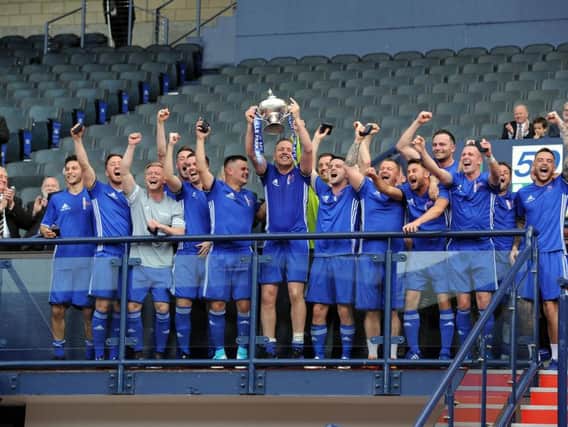 Delighted Colville Park AFC players celebrate winning their second straight Scottish Amateur Cup final at Hampden (Pic by Alan Watson)