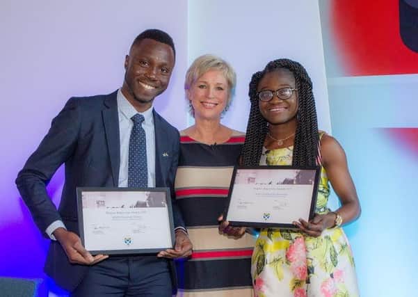 Sally Magnusson with award recipients Irene Fosuhemaa Bossman and Dr Bright Anyimah Oduro