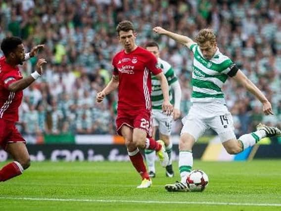 Stuart Armstrong about to net Celtics opener in the 2-1 Scottish Cup final win over Aberdeen (Pic by John Devlin)